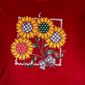 Pleasant Shade T-Shirt Womens Size Large Red Sunflower Graphic Mock Neck USA